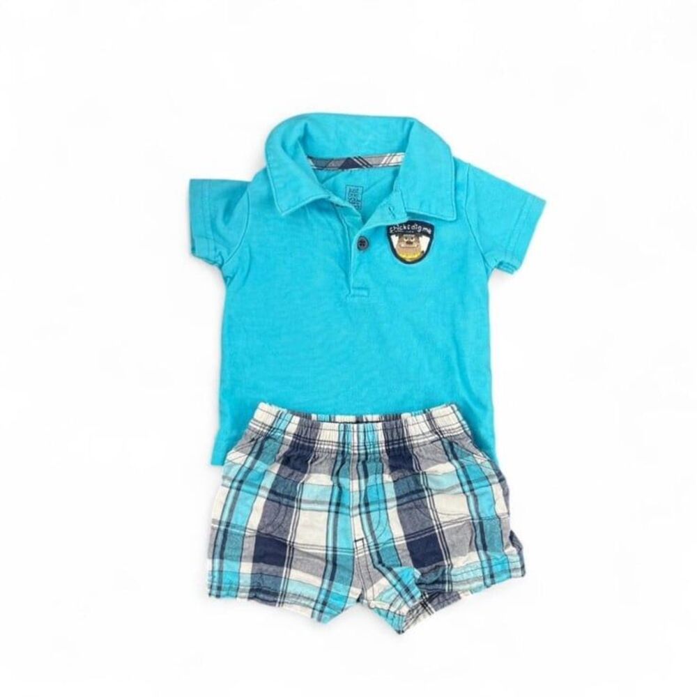 Carters Blue and white plaid shorts and polo shirt set 3 months